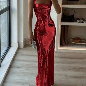Red Party Women's Square Neck Fishtail Sleeveless Metallic Sequin Dress